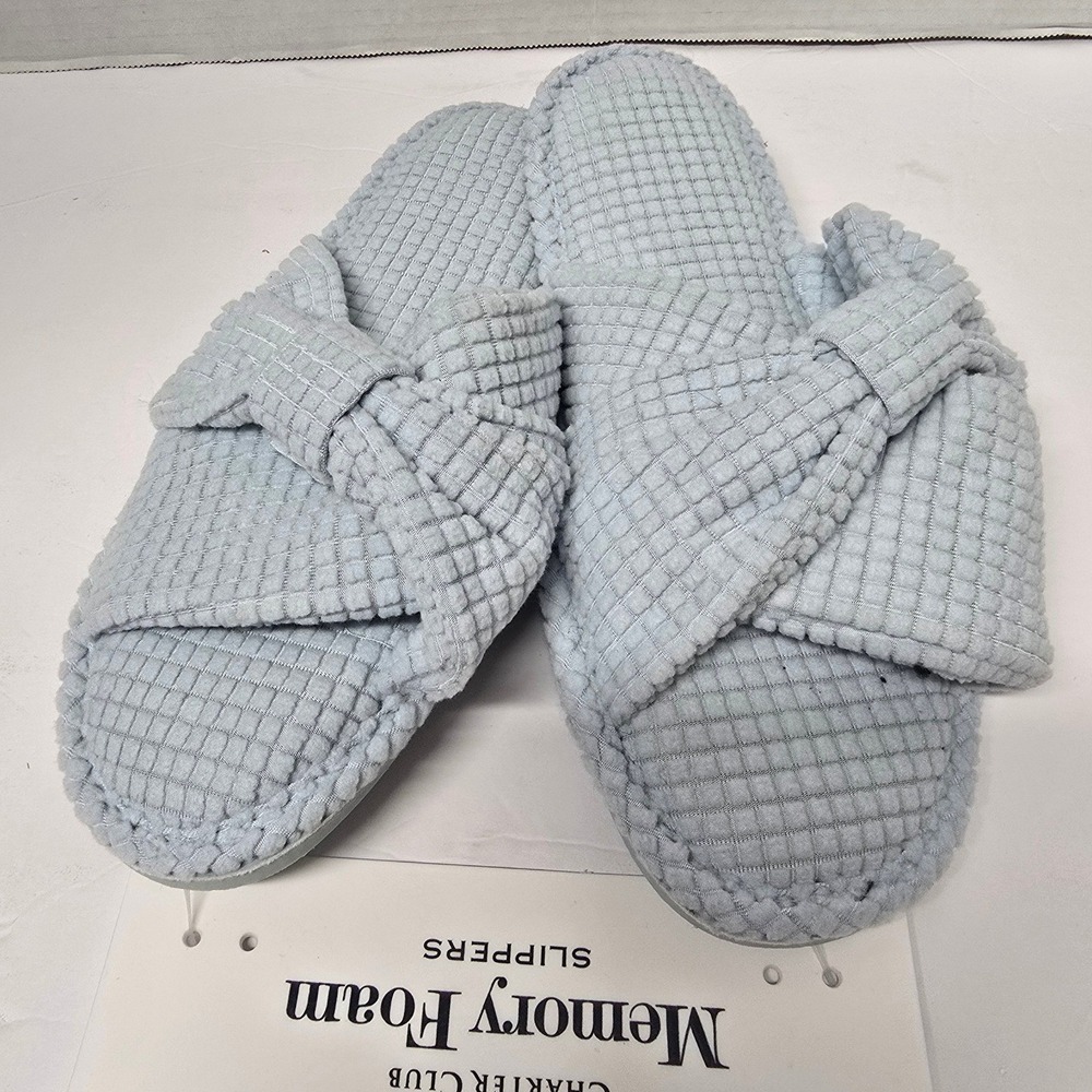 Charter Club Women Memory Foam Slippers Blue Waffle Knit Knot Slides 9-10 L NWT